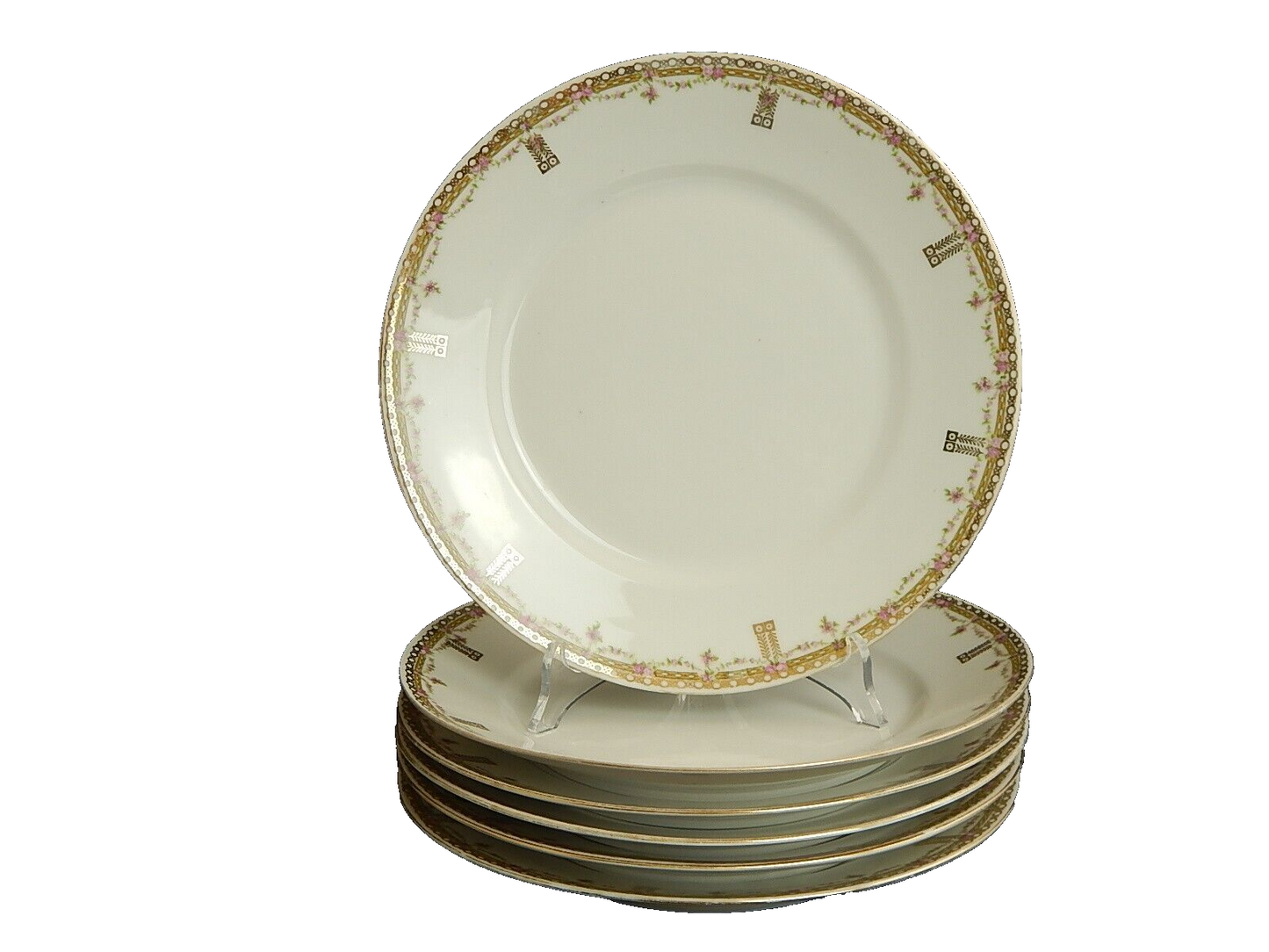 ANTICO SERVIZIO 6 PIATTI PIANI PORCELLANA GINORI LIBERTY GHIRLANDE DI ROSE E ORO
