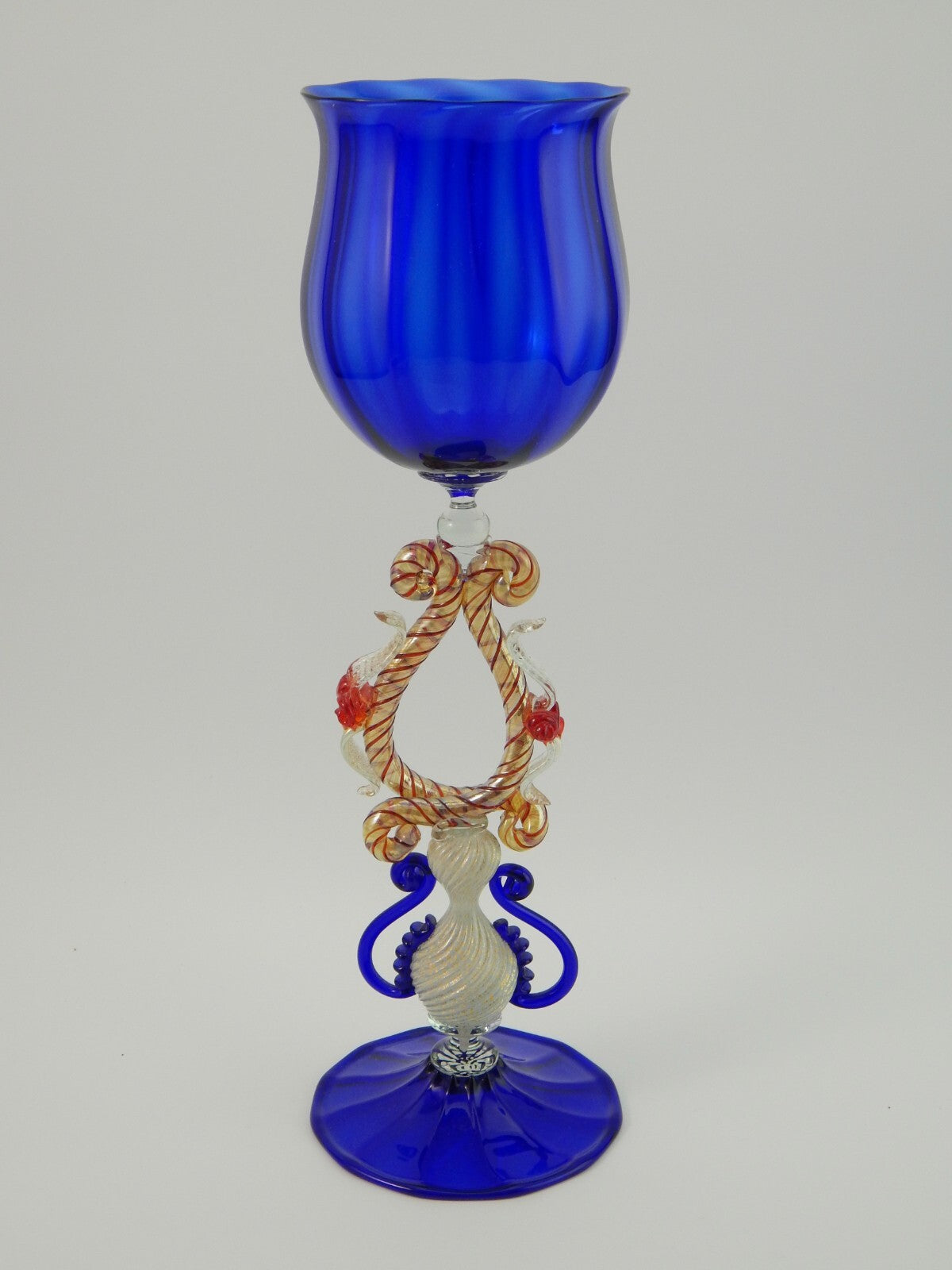 PREZIOSO MAESTOSO RARO TIPETTO CALICE MURANO VETRO BLU COBALTO SOFFIATO H. 32 CM