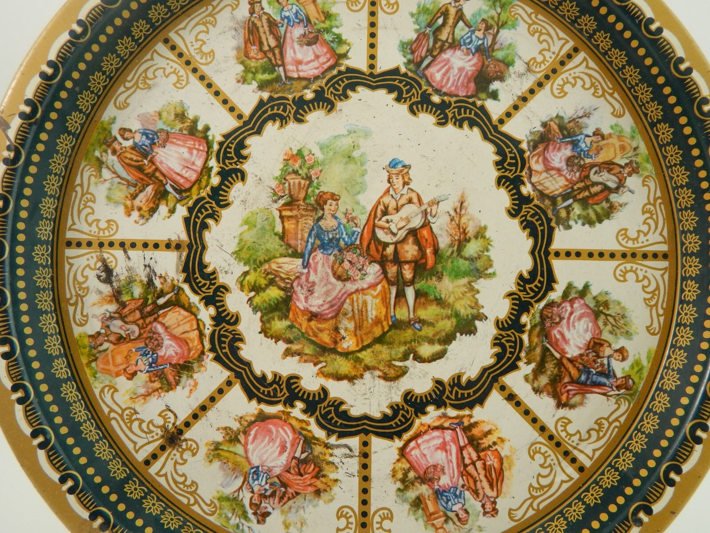 VINTAGE RETRO AUTENTICO VASSOIO METALLO LATTA STAMPA CON SCENE GALATI