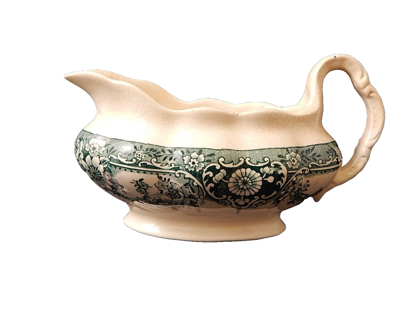 ANTICA SALSIERA INGLESE CERAMICA POTTERY VITTORIANA META' 800 DECORO IN VERDE