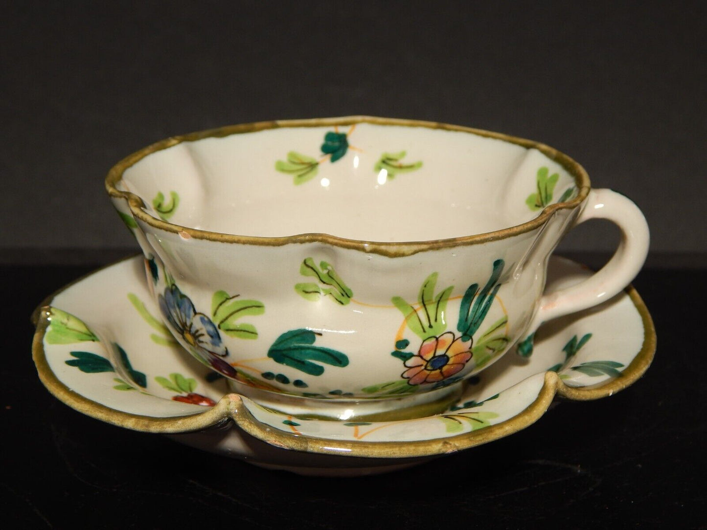 ANTICA RARA TAZZA E PIATTINO IN MAIOLICA CERAMICA CANTAGALLI FIRENZE ITALY #1345