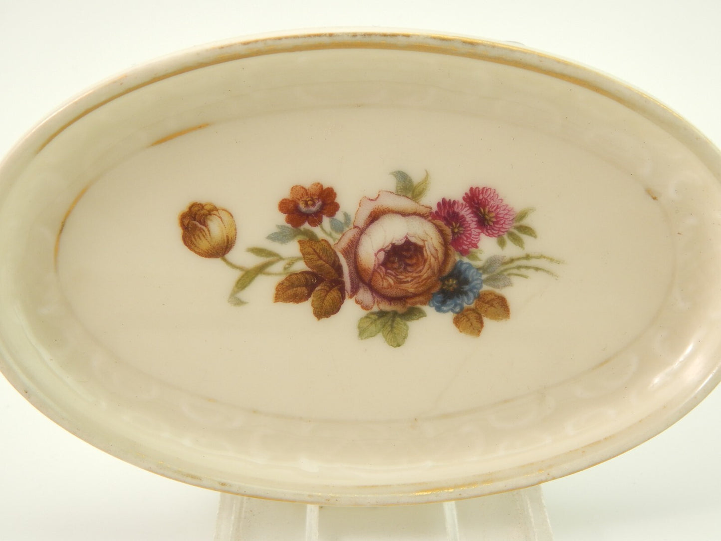 ANTICO PIATTINO OVALE KPM COPENHAGEN PORCELLANA BOUQUET DI FIORI E ORO DEL 1924