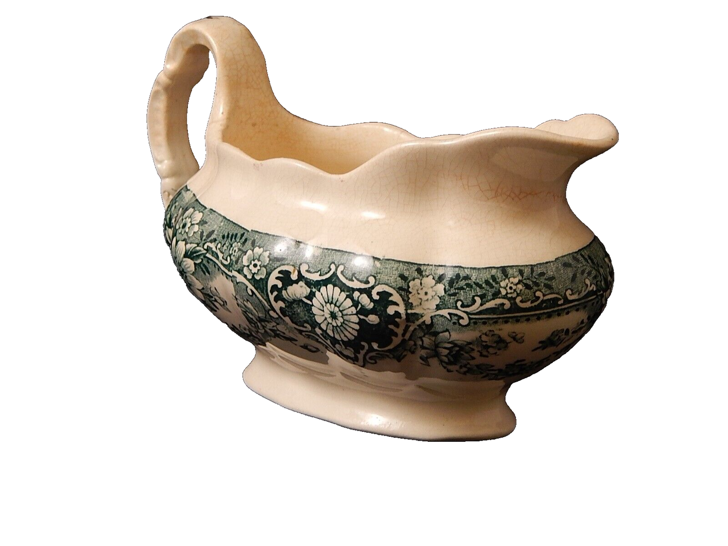 ANTICA SALSIERA INGLESE CERAMICA POTTERY VITTORIANA META' 800 DECORO IN VERDE