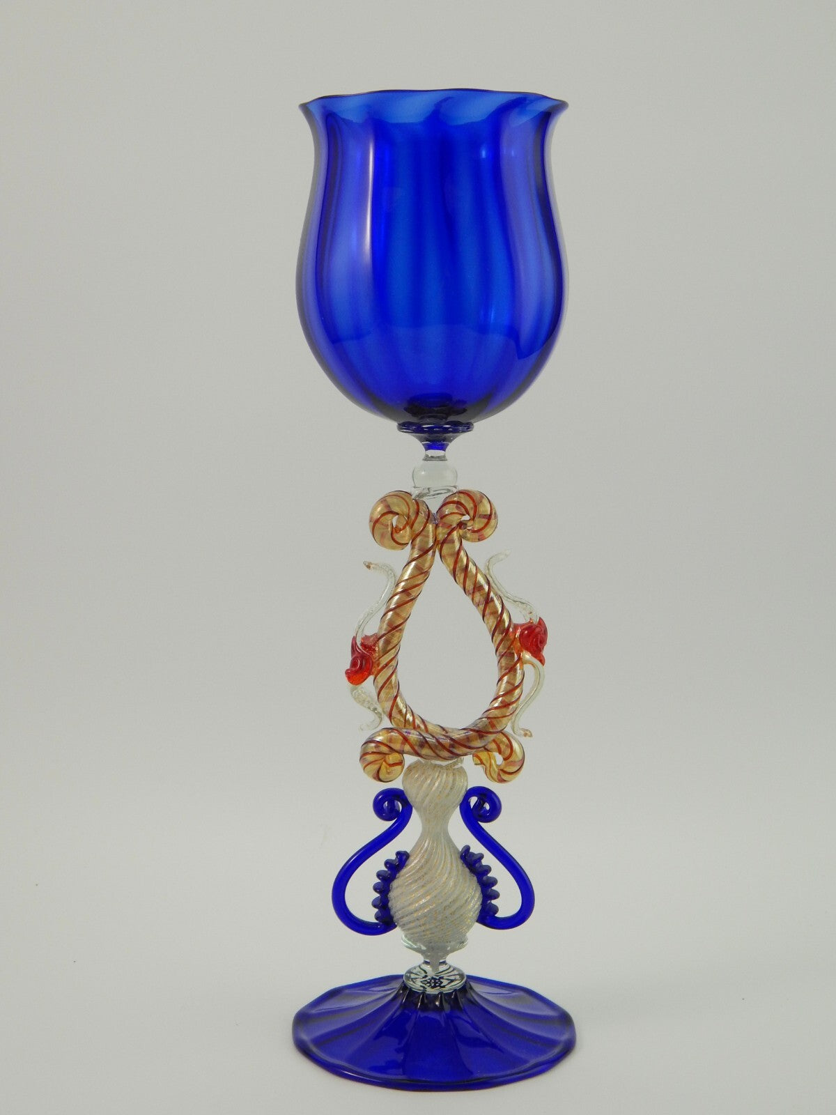 PREZIOSO MAESTOSO RARO TIPETTO CALICE MURANO VETRO BLU COBALTO SOFFIATO H. 32 CM