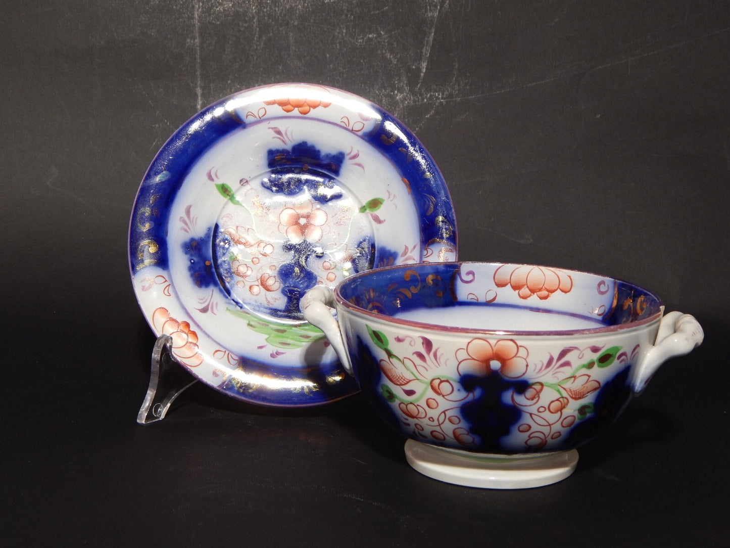 ANTICA RARA CERAMICA POTTERY STAFFORDSHIRE TAZZA PUERPERA BRODO DECORO POLICROMO