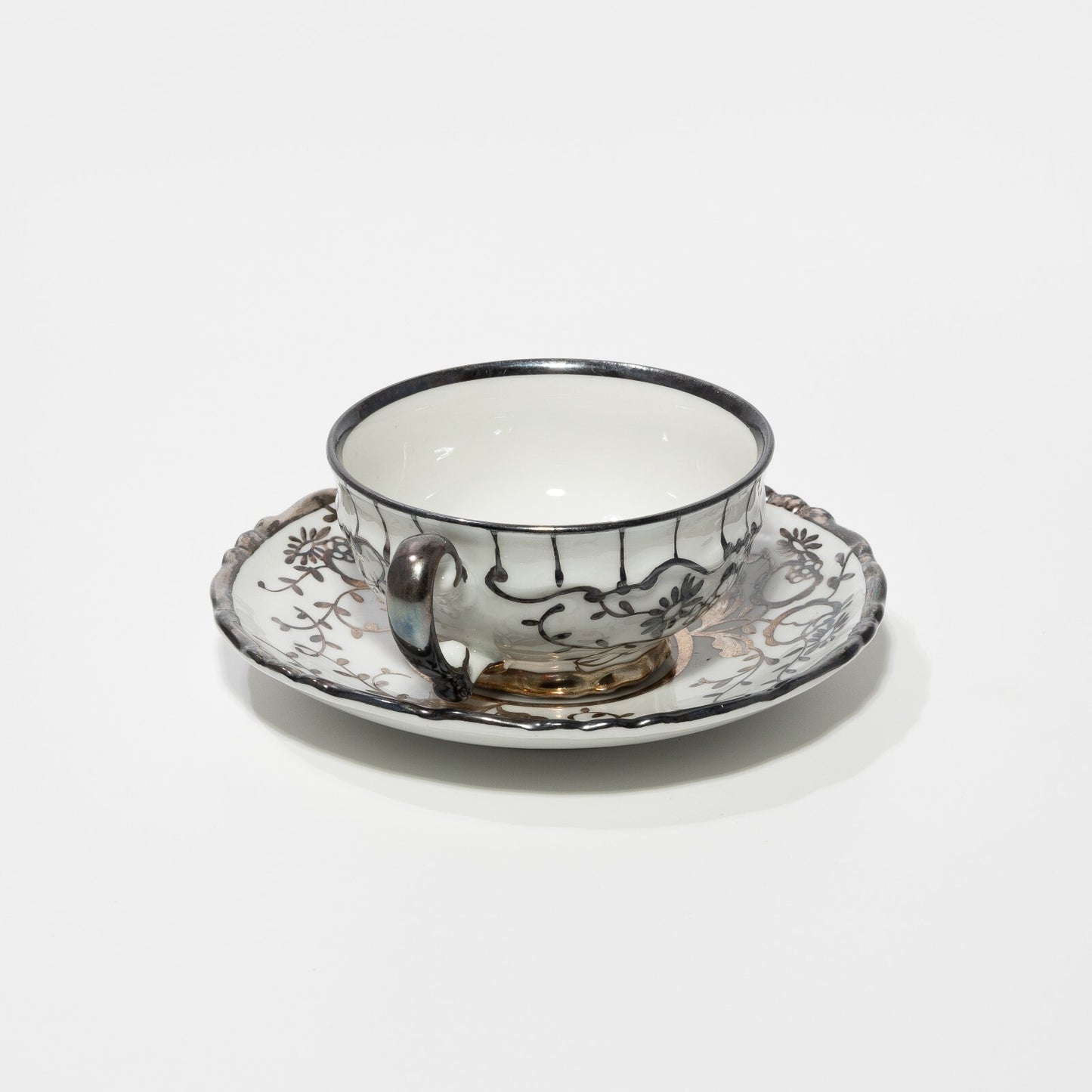 ANTICA TAZZINA CAFFE' PORCELLANA MITTERTEICH BAVARIA ART DECO DECORO ARGENTO