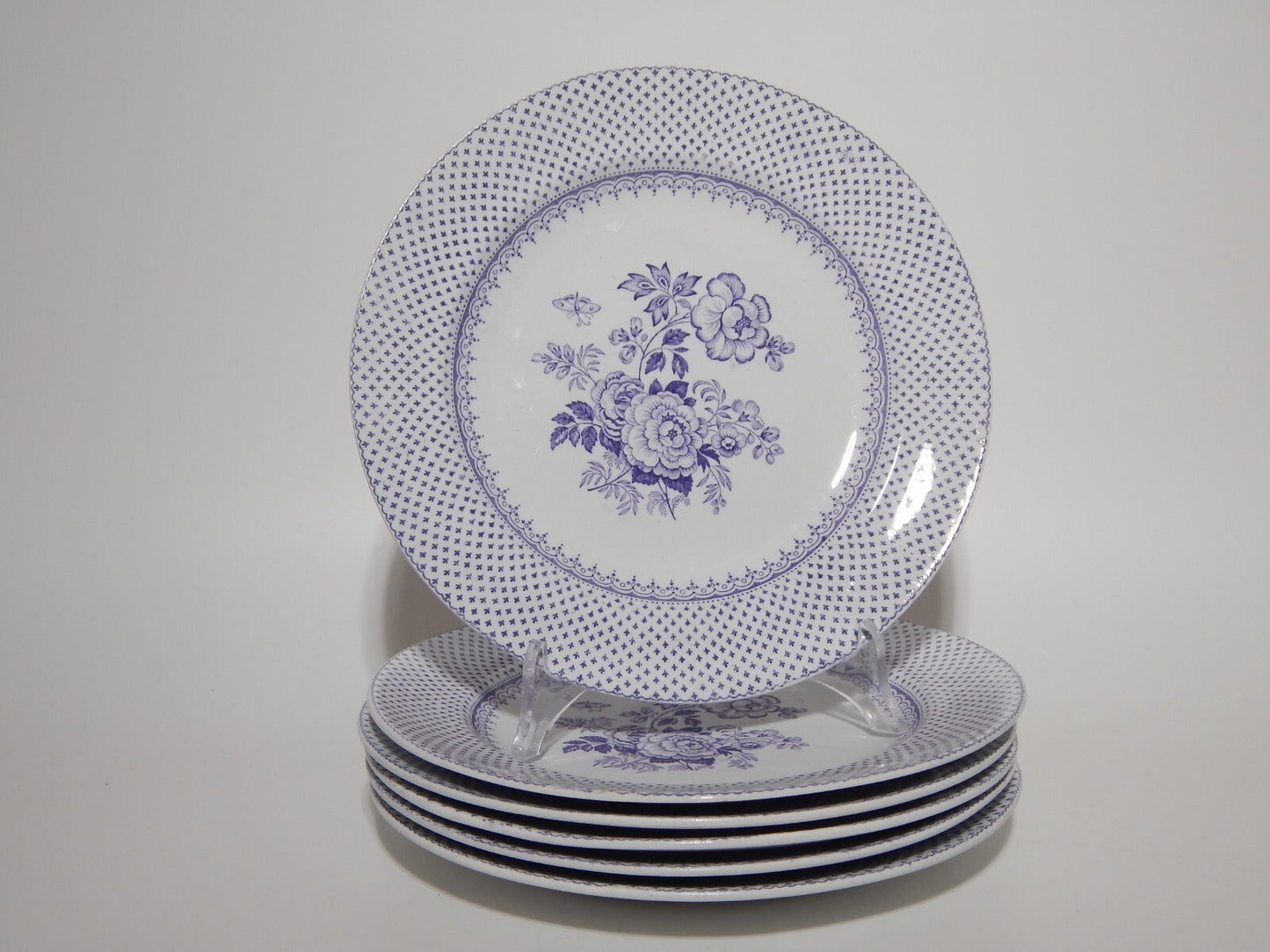 ANTICO SET 6 PIATTI CERAMICA STAFFORDSHIRE PRIMAVESI 1860 ERMINE BORDER VIOLA