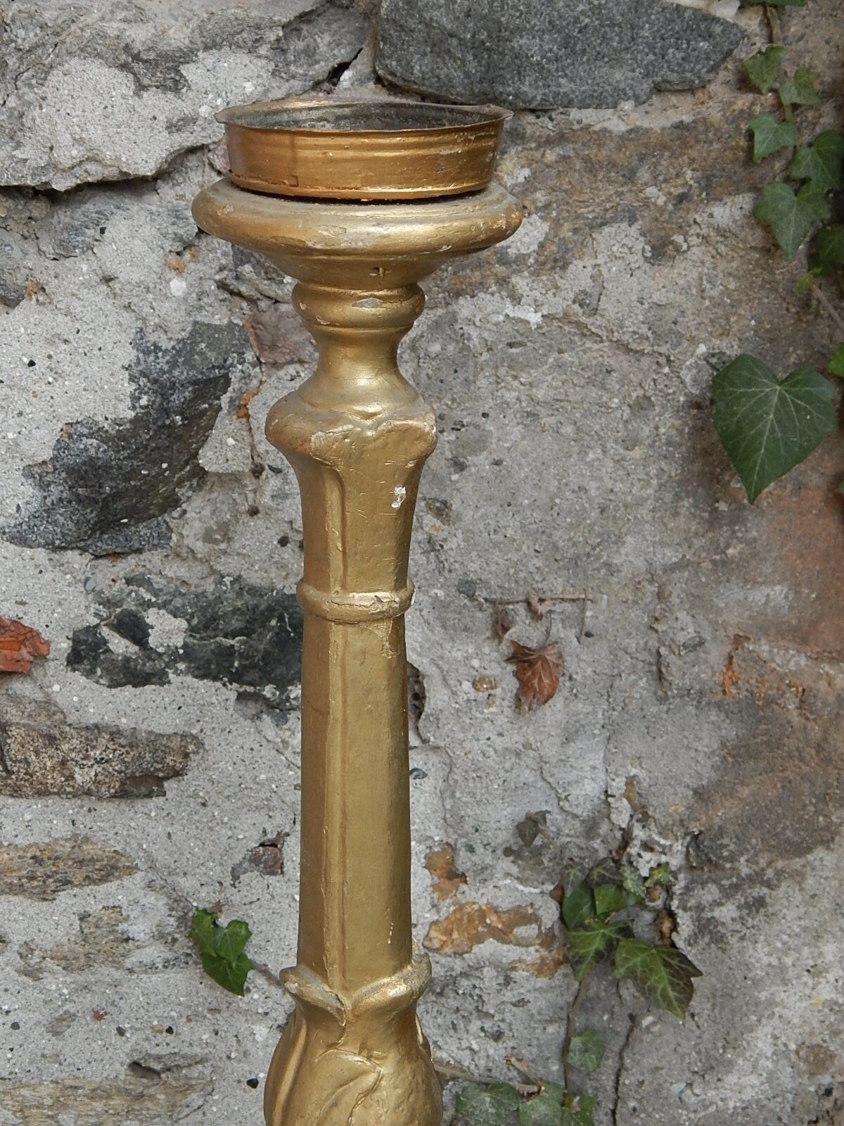 ANTICO ARTE SACRA CANDELABRO CANDELIERE TORCIERA LEGNO SCOLPITO DORATO XIX SEC.