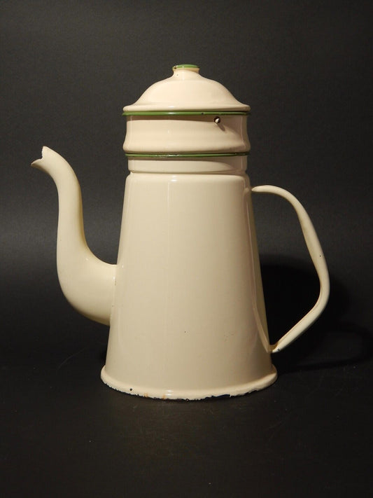 VINTAGE GRANDE CAFFETTIERA LATTA SMALTATA PORCELLANATA COLOR CREMA E VERDE