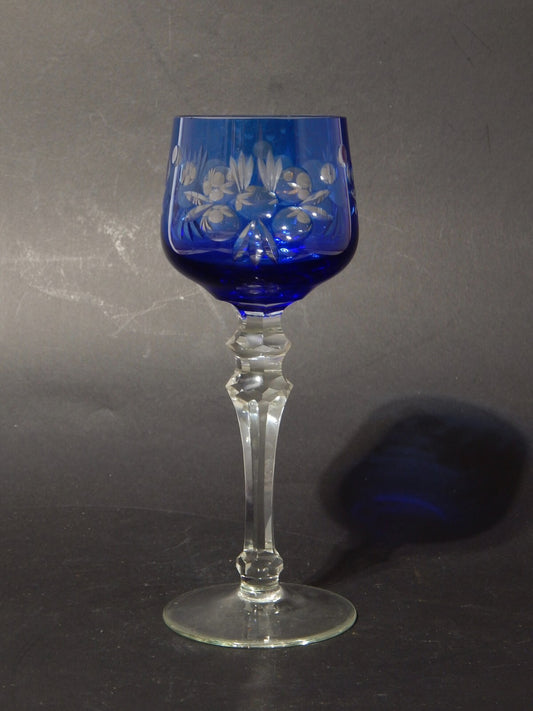 RETRO BICCHIERE CALICE CRISTALLO BOEMIA MOLATO INCISO BLU COBALTO DIFETTO