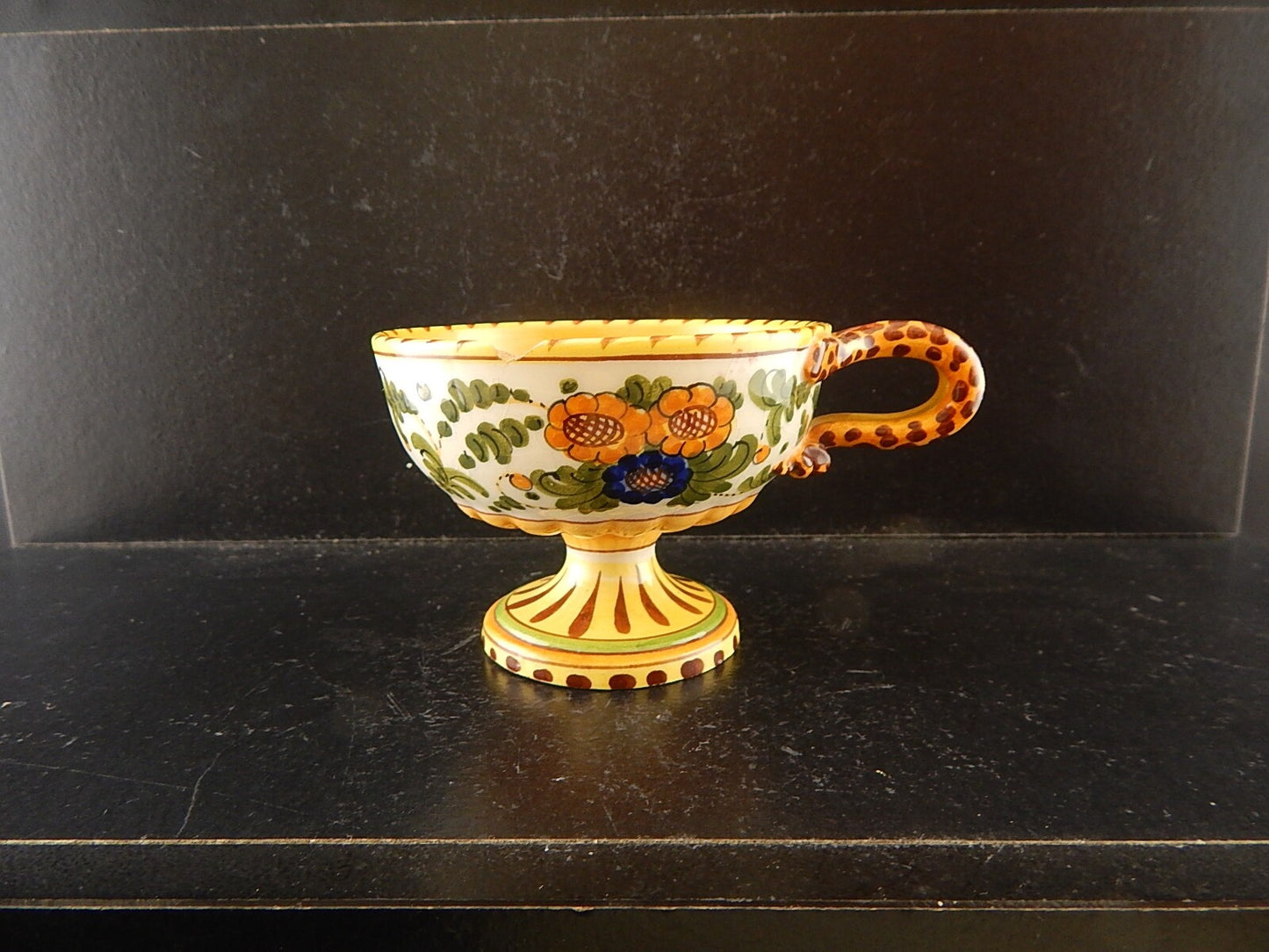 ANTICA TAZZA MAIOLICA CERAMICA POLICROMA FANTECHI ANSA A SERPE PRIMO 900 #8908