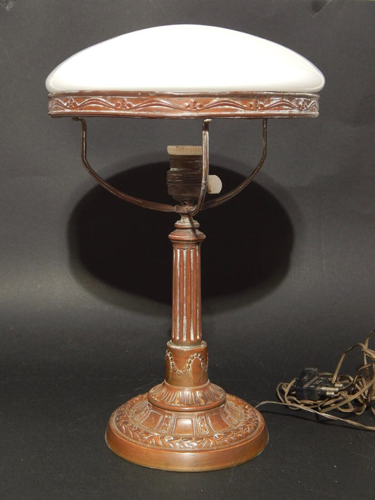 ANTICA ORIGINALE ELEGANTE LAMPADA TAVOLO STILE CLASSICO BRONZO E OPALINO BIANCO