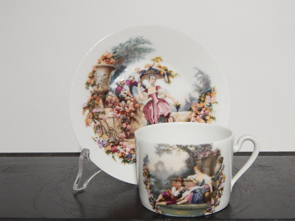 ANTICA PRIMA META' 900 LIMOGES TAZZA TE' PORCELLANA BIANCA CON SCENA GALANTE #