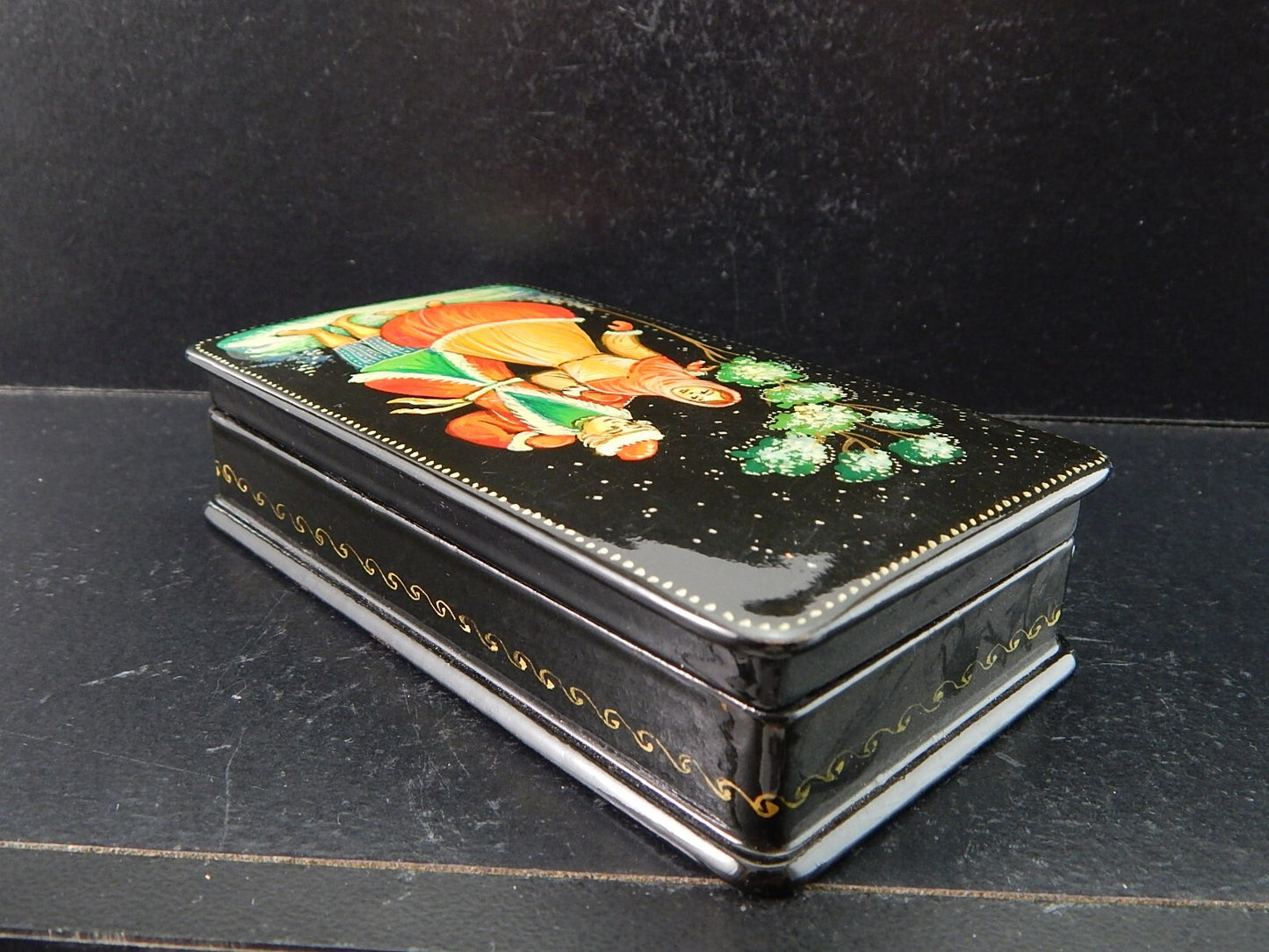 VINTAGE PREZIOSA SCATOLA COFANETTO RUSSO LEGNO LACCATO DIPINTA E FIRMATA #