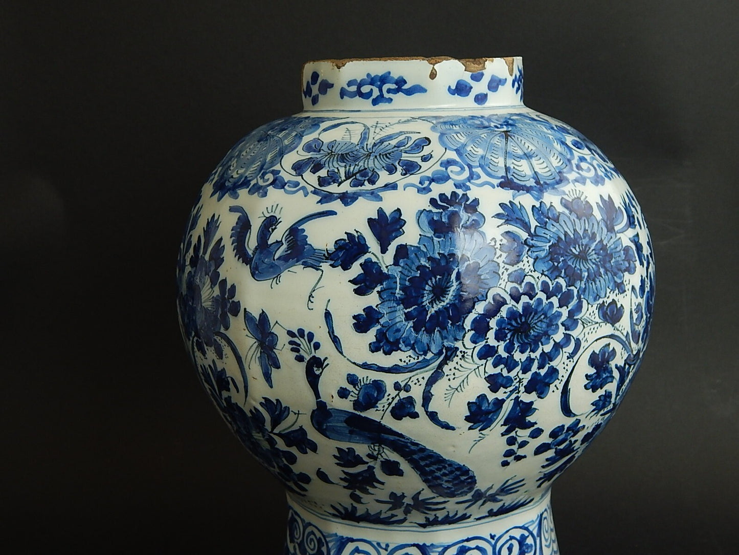 ANTICO PREZIOSO GRANDE VASO OTTAGONALE CERAMICA DELFT FINE XVII SECOLO I PAVONI