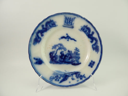 BURSLEM RARO ANTICO PIATTO PORCELLANA FLOW BLUE META' 800 DECORO ORIENTALE