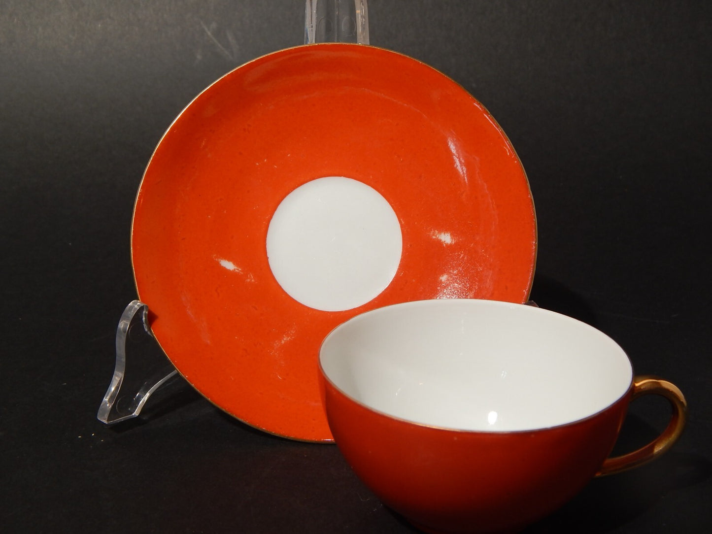 ANTICA RETRO' PREZIOSA TAZZINA PORCELLANA COLORE ARANCIO E ORO