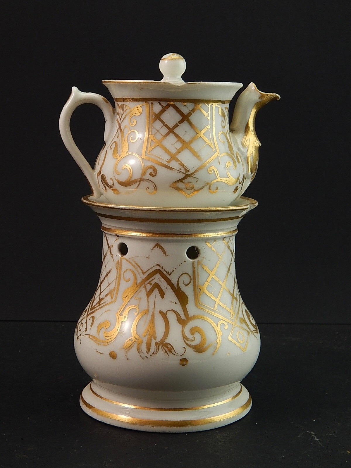 RARA ANTICA VEILLEUSE TEIERA E SCALDINO IMPERO NAPOLEONE III PORCELLANA PARIGI