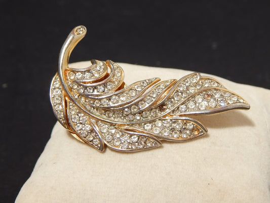 VINTAGE BIJOUX SPILLA A FOGLIA DORATA CON CRISTALLI