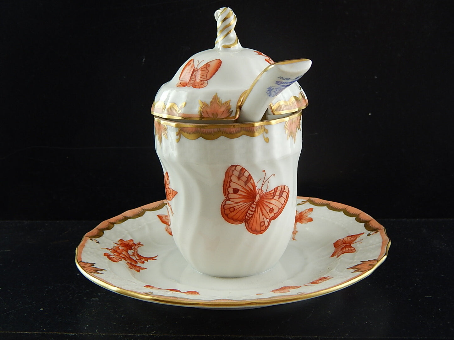 PORCELLANA HEREND INTROVABILE PORTA MARMELLATA DIPINTA A MANO FARFALLE FORTUNA