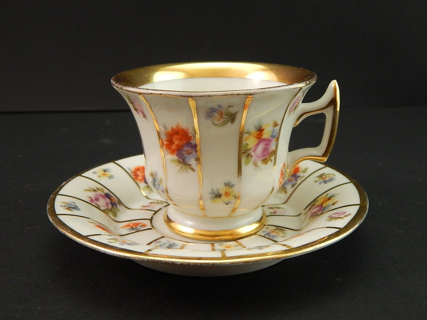 ANTICA PREZIOSA EPIAG TAZZA PORCELLANA BIANCA FIORI POLICROMI E ORO STILE IMPERO