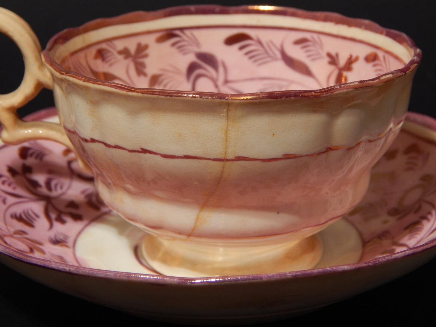 ANTICA GEORGIANA TAZZA TE' PORCELLANA LUSTRO ROSA STAFFORDSHIRE DIFETTI