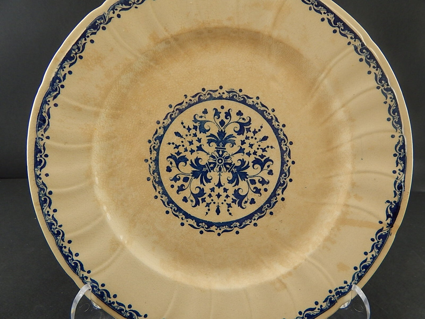 ANTICO RARO DEL 1875 PIATTO PIANO CERAMICA GIEN DECORO BLU ALLA ROUEN