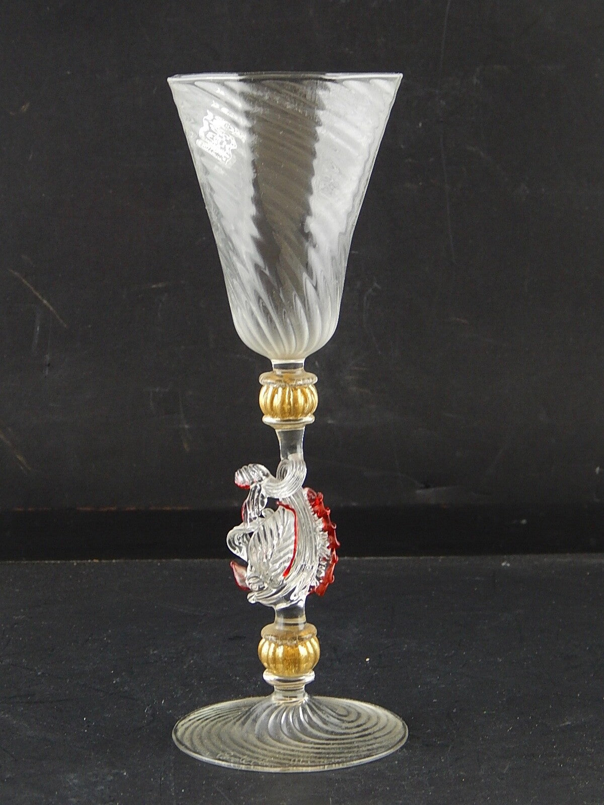 TIPETTO CALICE MURANO VETRO SOFFIATO RIGATO PESCE FIRMATO CORTELLA & BALLARIN #