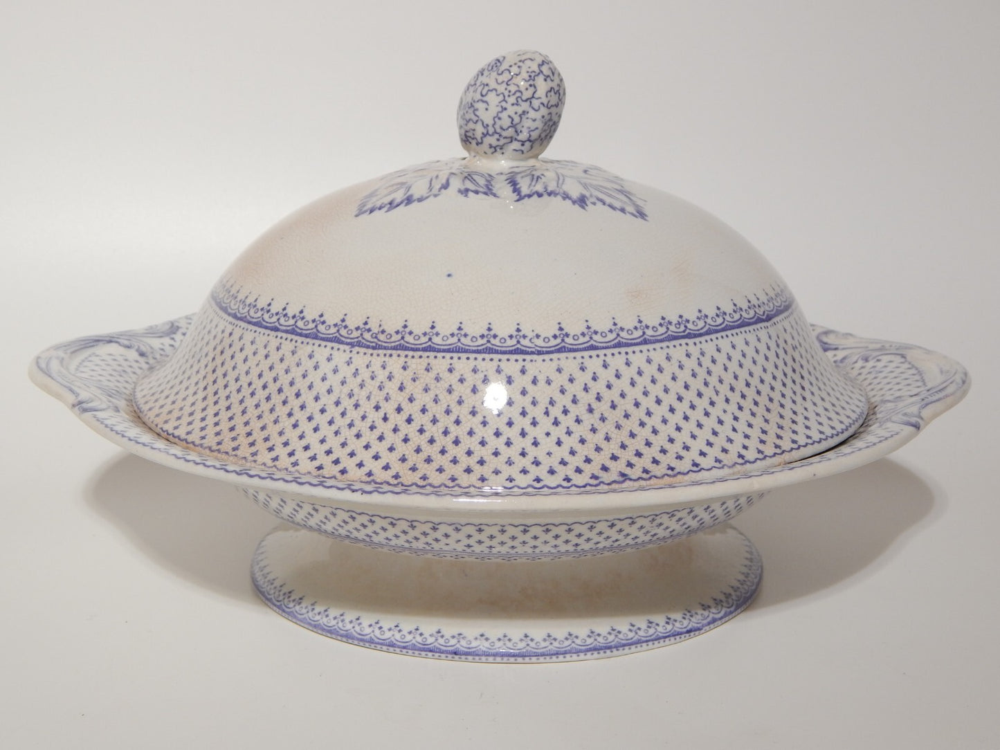 ANTICA LEGUMIERA CENTROTAVOLA CERAMICA INGLESE PRIMAVESI ERMINE BORDER VIOLA #