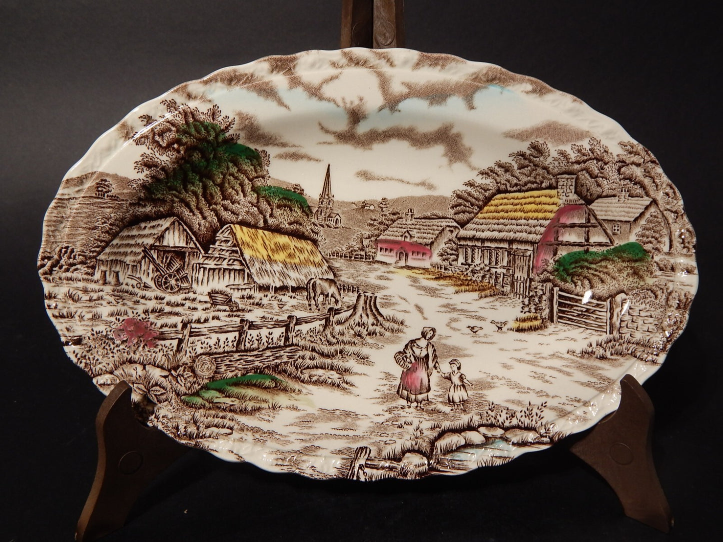 ANTICO VASSOIO RAVIERA CERAMICA INGLESE MYOTT DISEGNO RURAL SCENE STAMPA A MANO