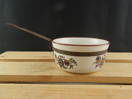 ANTICO RARISSIMO TEGAME PENTOLINO CERAMICA SMALTATA DECORO FLOREALE COLLEZIONE