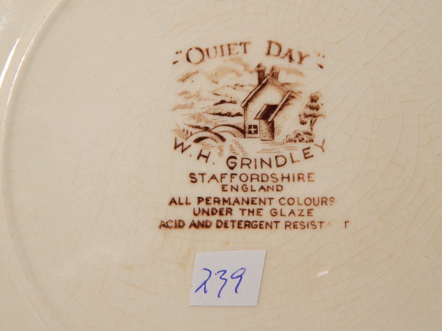 VINTAGE SET 3 PIATTI CM 22,5 CERAMICA W. H. GRINDLEY STAMPA MANO QUIET DAY