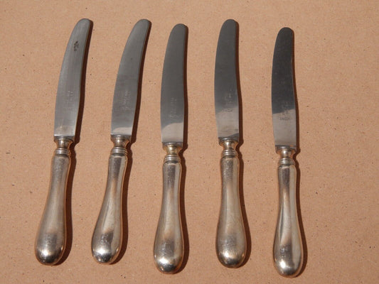 ANTICHE POSATE SET 5 COLTELLI DA DESSERT MANICI ARGENTATI BERNDORF KRUPP ANNI 20