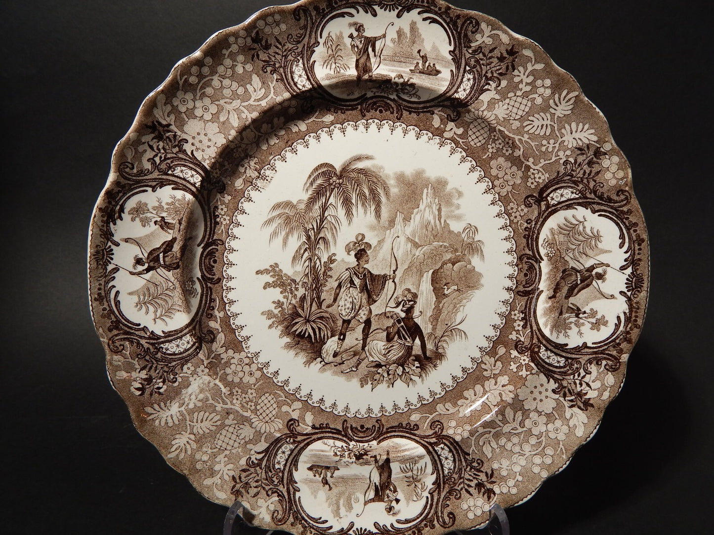 ANTICO RARO PIATTO CERAMICA INGLESE DEL 1839 PERUVIAN HUNTERS DI Goodwin & Ellis