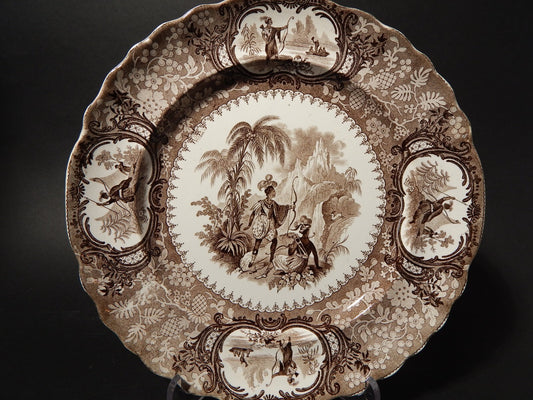 ANTICO RARO PIATTO CERAMICA INGLESE DEL 1839 PERUVIAN HUNTERS DI Goodwin & Ellis