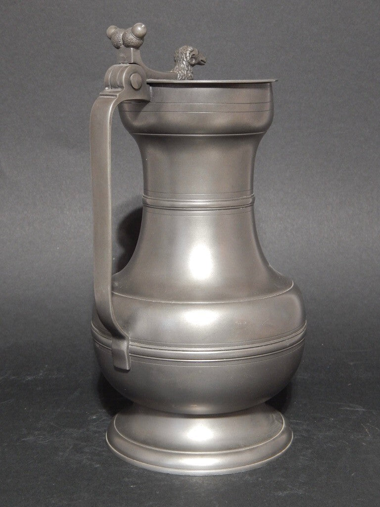 ANTICA COLLEZIONE BROCCA CARAFFA IN PELTRO 95% CON COPERCHIO CON TESTA ARIETE