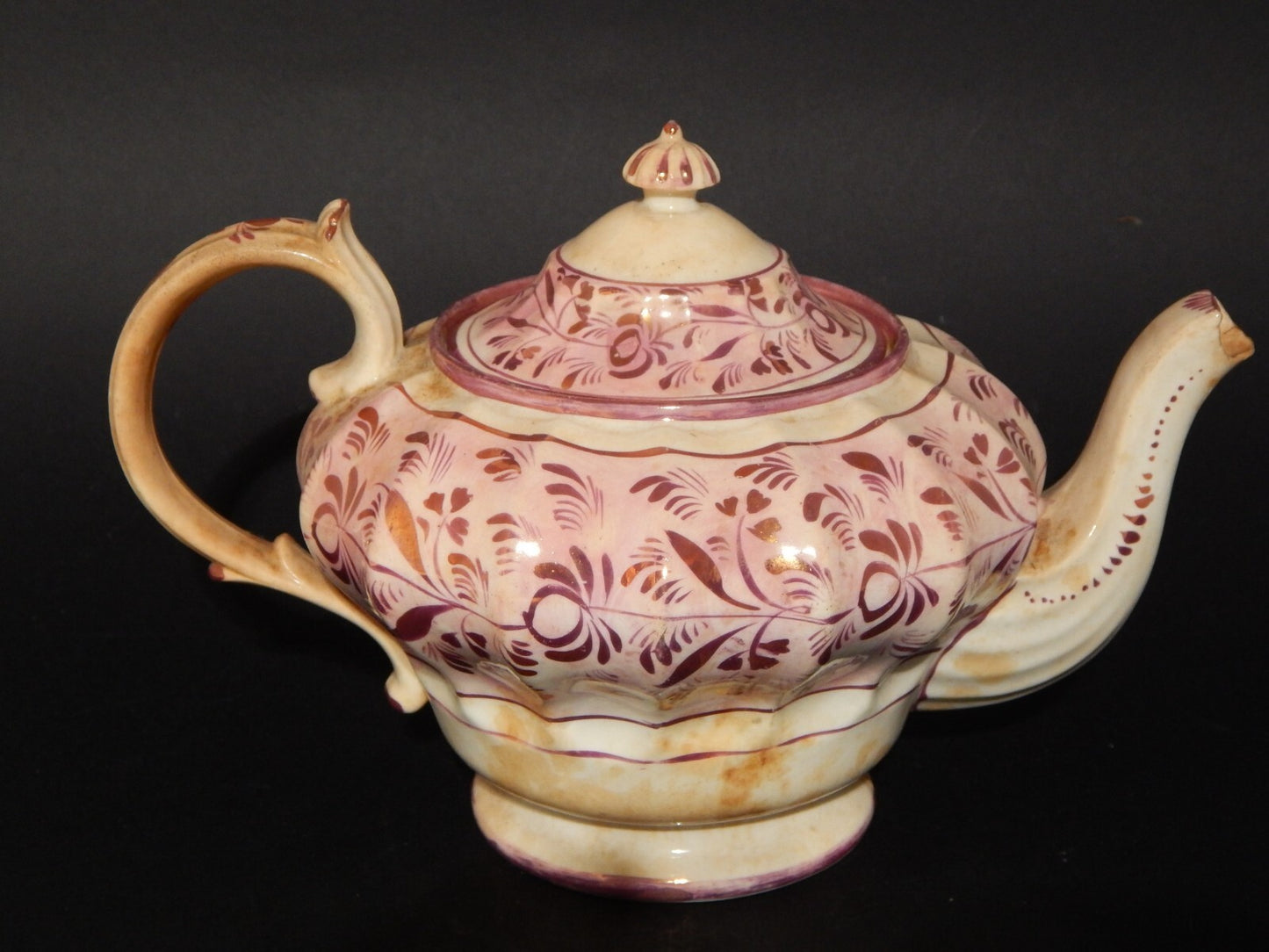 ANTICA GEORGIANA TEIERA PORCELLANA LUSTRO ROSA STAFFORDSHIRE PRIMA META' 1800