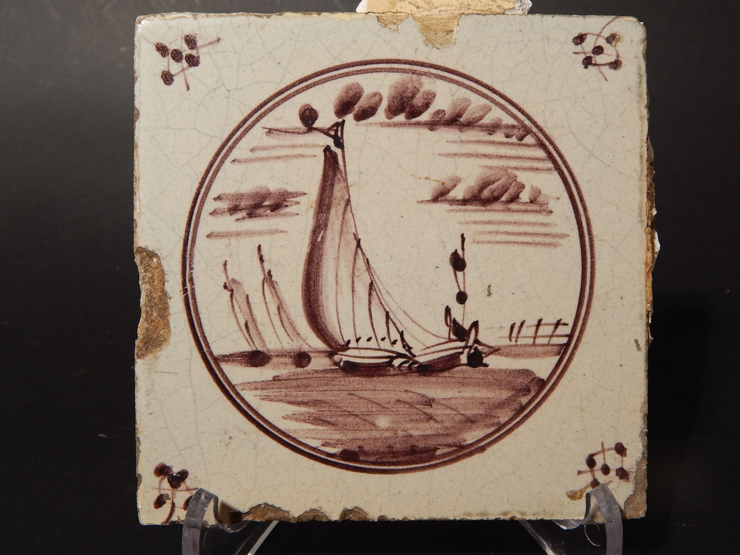 ANTICA PIASTRELLA MATTONELLA CERAMICA DELFT DEL 1700 DECORO AL MANGANESE (476)