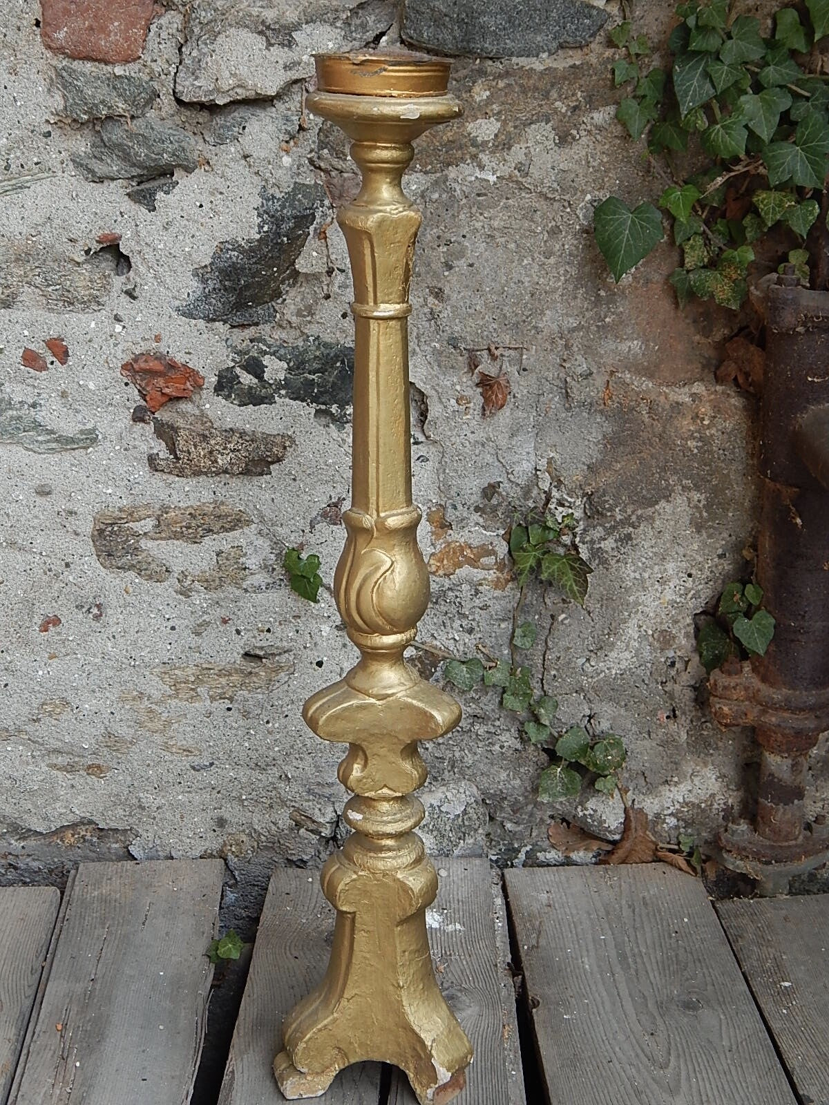 ANTICO ARTE SACRA CANDELABRO CANDELIERE TORCIERA LEGNO SCOLPITO DORATO XIX SEC