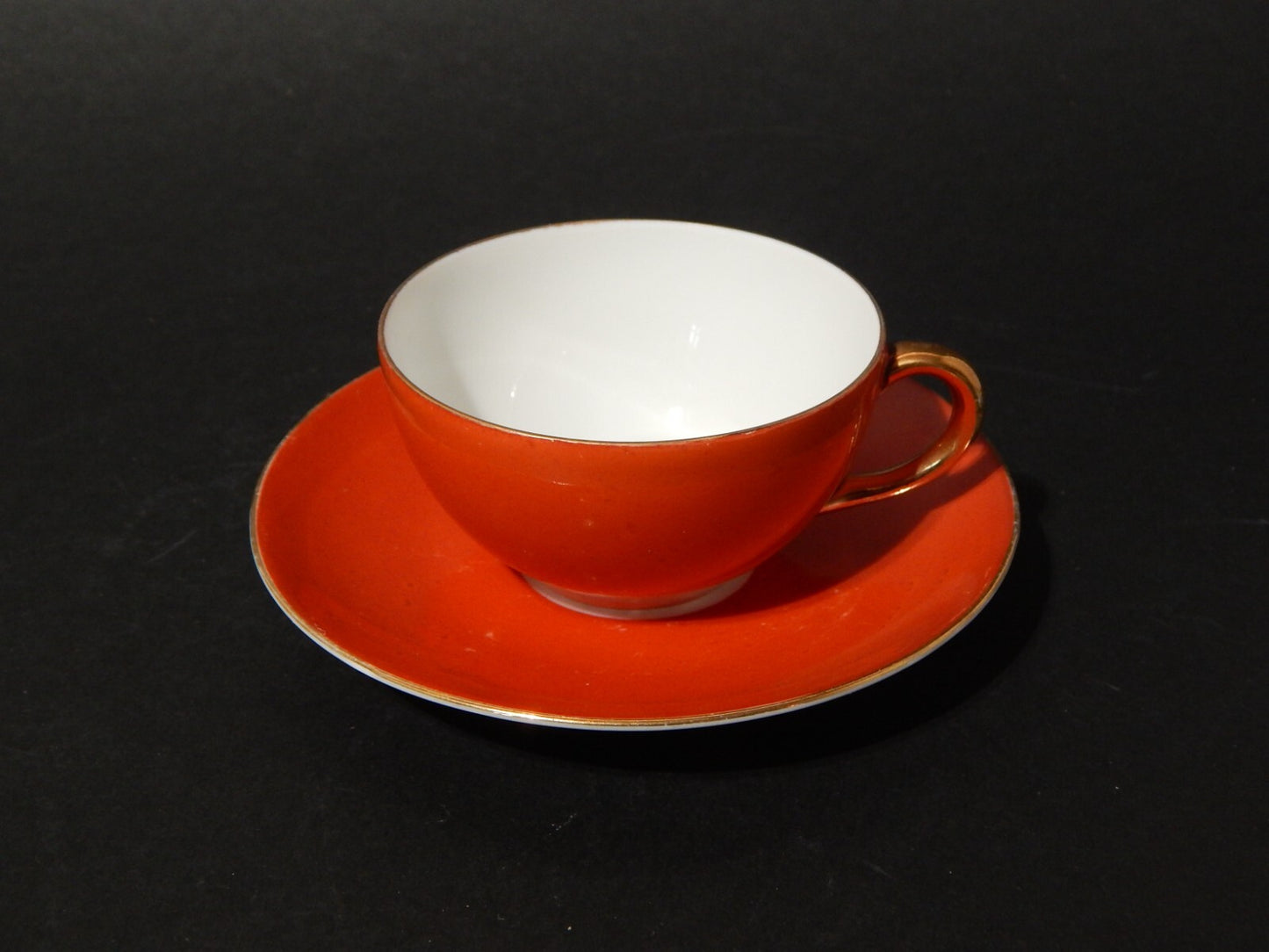 ANTICA RETRO' PREZIOSA TAZZINA PORCELLANA COLORE ARANCIO E ORO