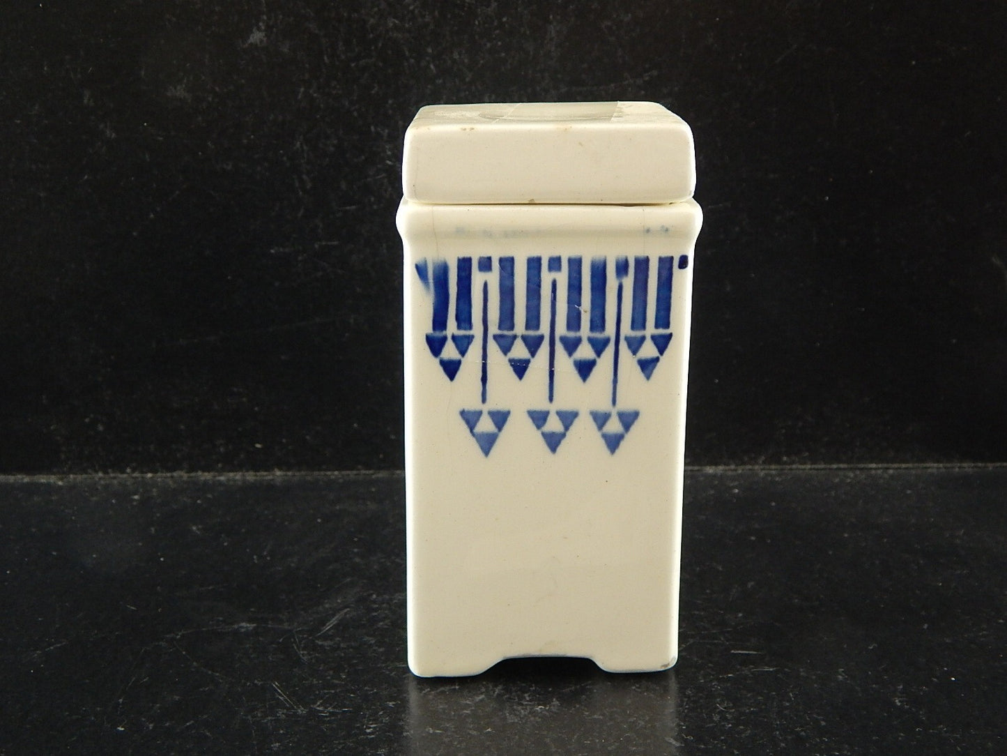 ANTICO BARATTOLO SPEZIE CERAMICA NOCE MOSCATA CUCINA ART DECO 1900 BIANCO BLU