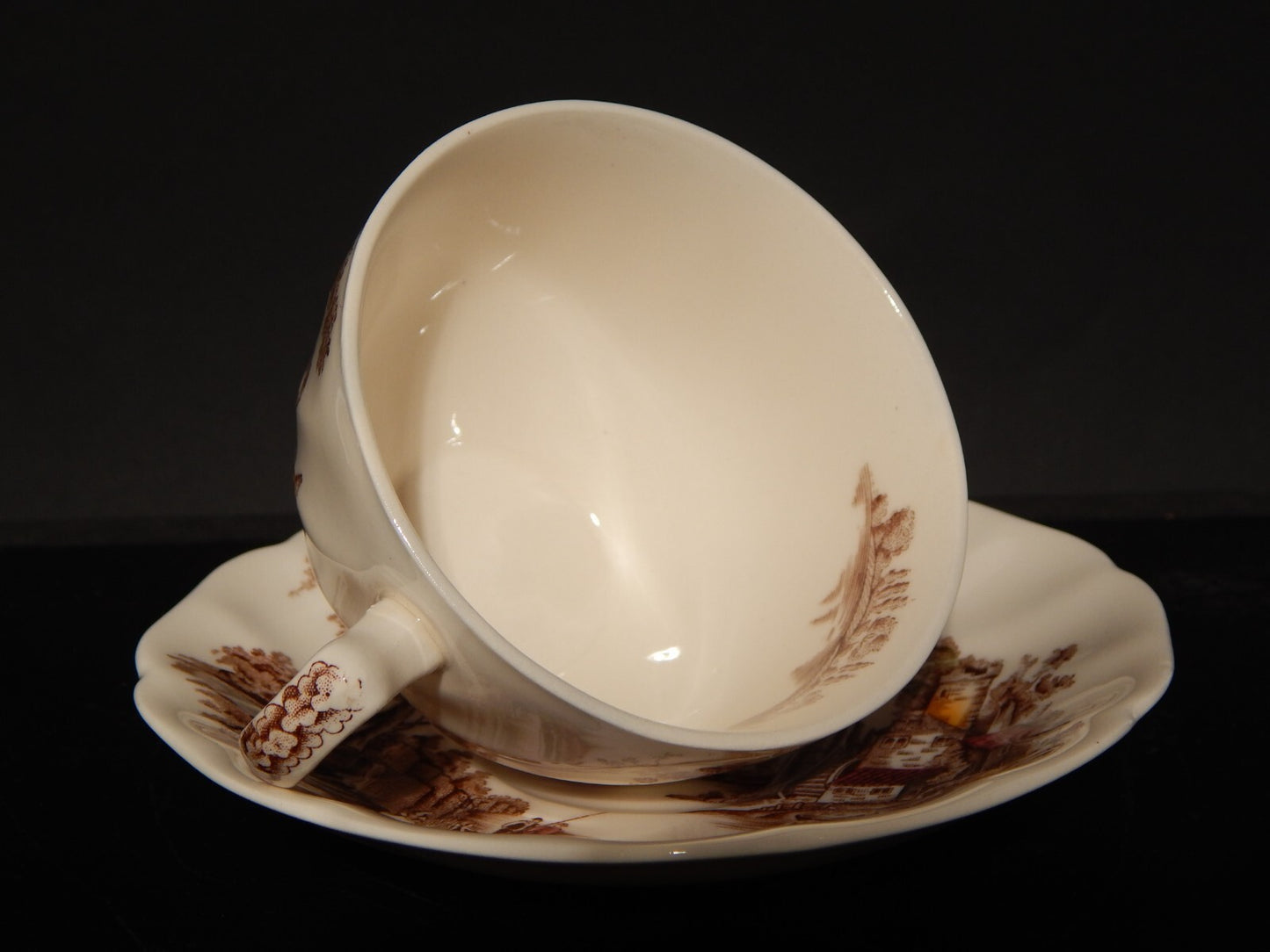 VINTAGE SET 6 TAZZE DA TE' SEMI PORCELLANA JOHNSON BROS THE OLD MILL STAMPA MANO