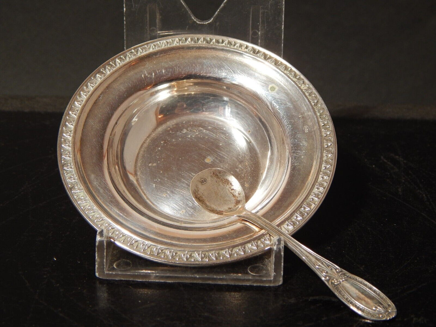 ANTICA STILE IMPERO SALIERA PORTA SALE IN ARGENTO 800 CON CUCCHIAINO