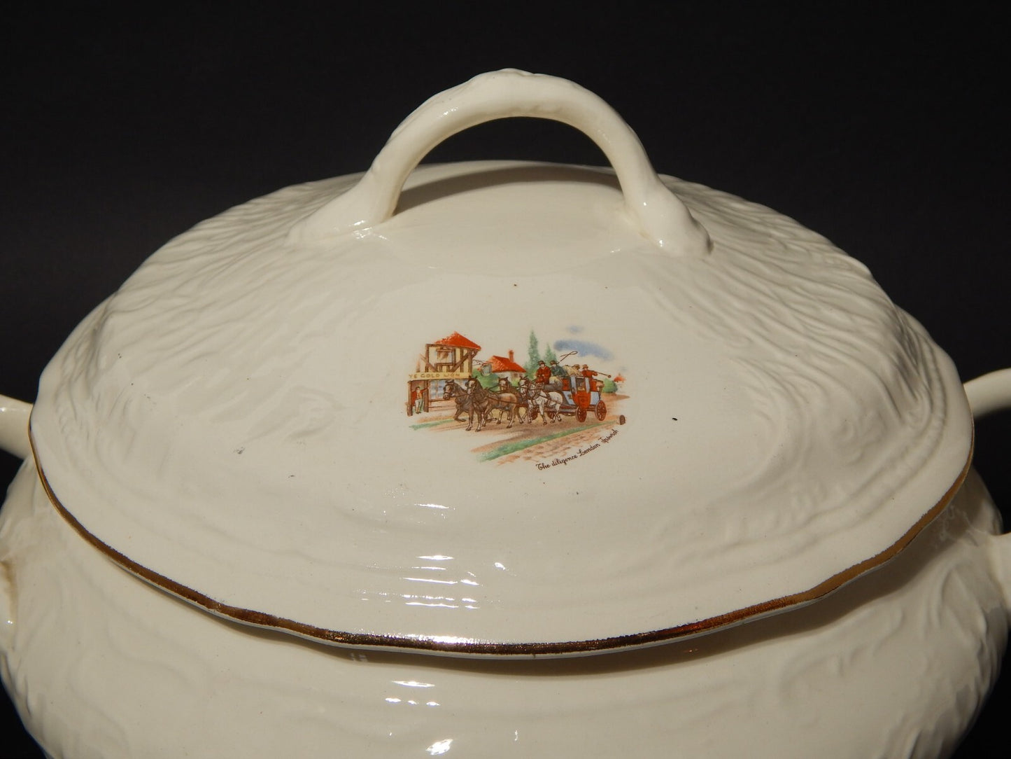 ANTICA ZUPPIERA CENTROTAVOLA CERAMICA LAVENO 1856 THE DILIGENCE LONDON IPSWICH