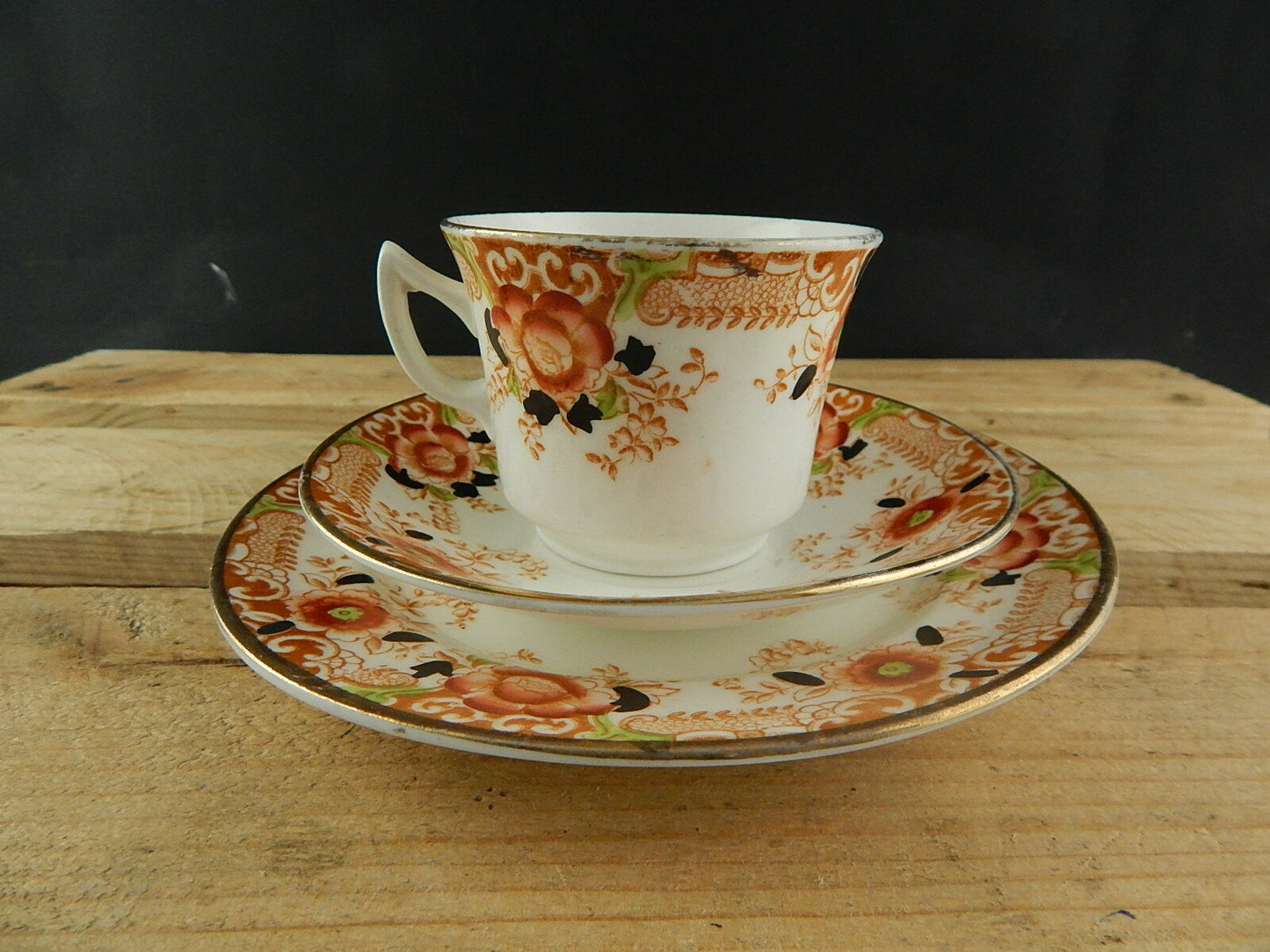 ANTICO PREZIOSO TRIO TAZZA TÈ 2 PIATTI PORCELLANA INGLESE EPOCA VITTORIANA #5921