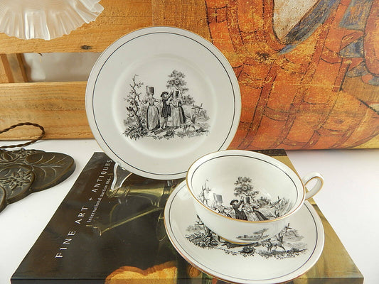 ANTICO SET TRIO DA TÈ PORCELLANA ROYAL CHELSEA LITOGRAFIA H. FENNELL PASTORALE