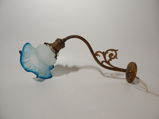 ANTICA LIBERTY APPLIQUE LAMPADA PARETE OTTONE TULIP VETRO SATINATO BLU SFUMATO