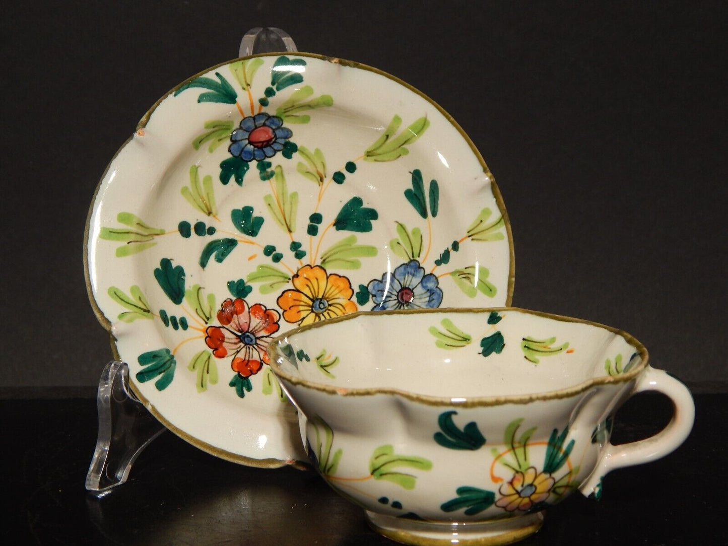 ANTICA RARA TAZZA E PIATTINO IN MAIOLICA CERAMICA CANTAGALLI FIRENZE ITALY #1347