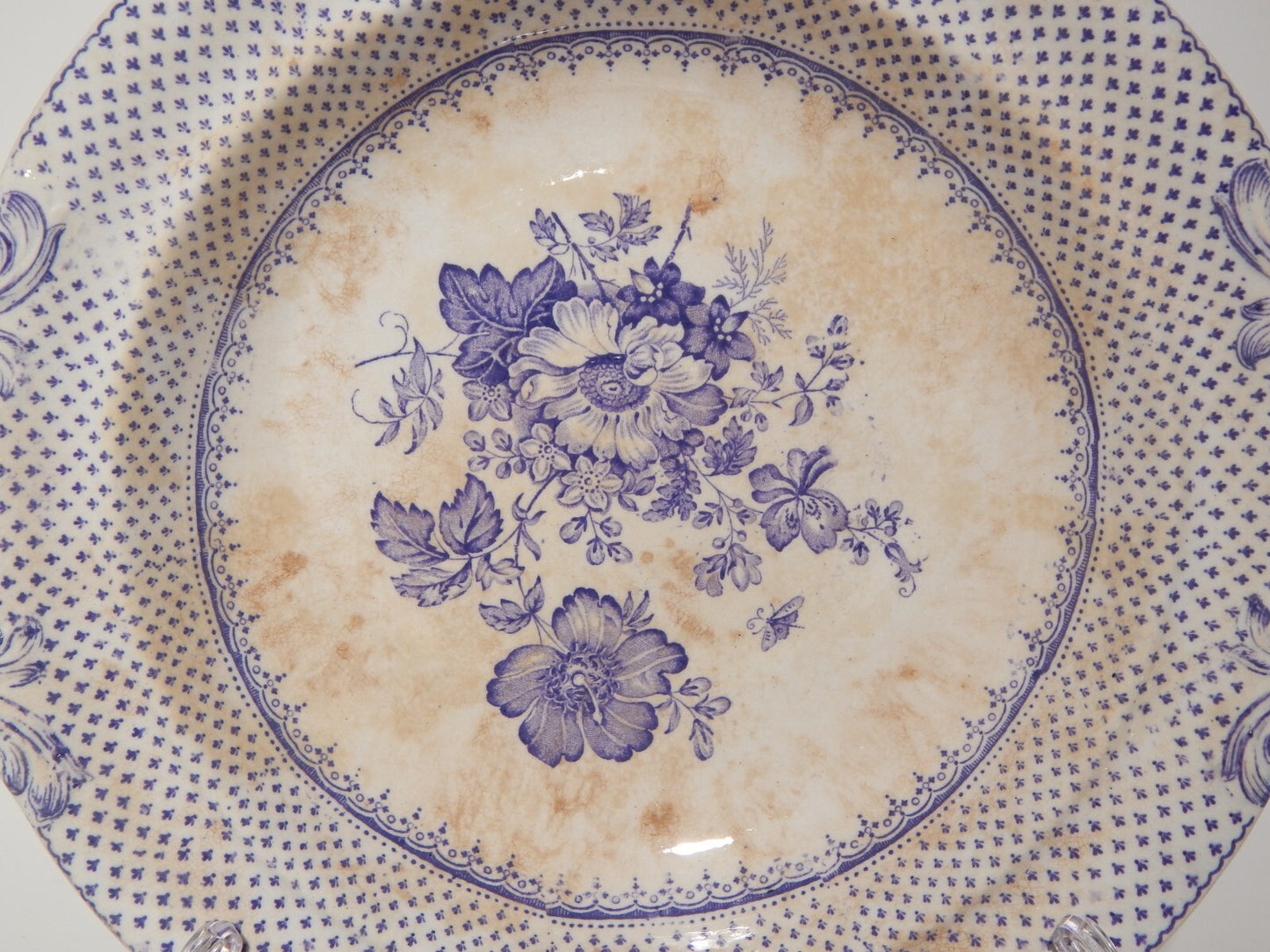 ANTICA LEGUMIERA CENTROTAVOLA CERAMICA INGLESE PRIMAVESI ERMINE BORDER VIOLA