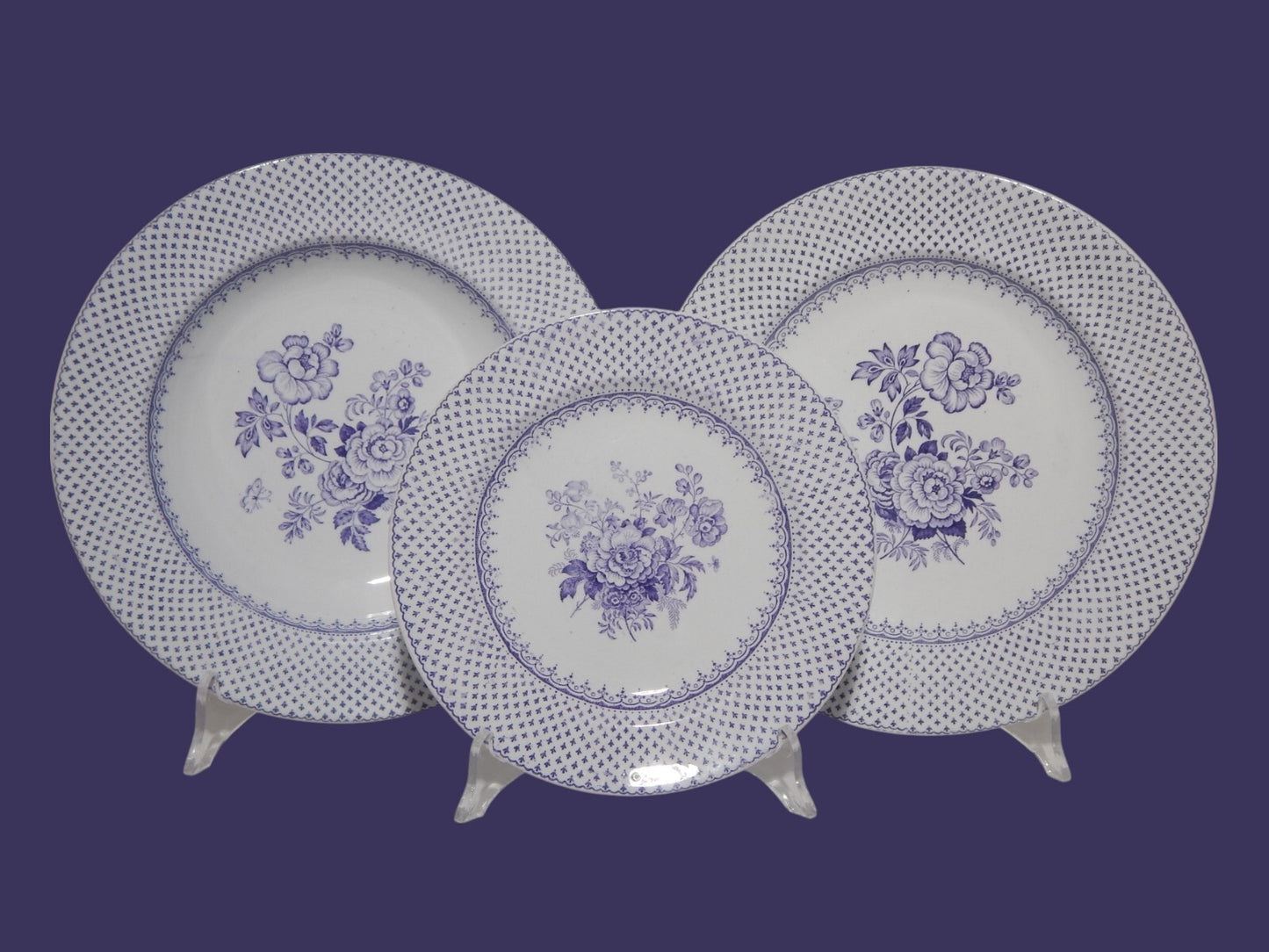 ANTICO SET 18 PIATTI CERAMICA STAFFORDSHIRE PRIMAVESI 1860 ERMINE BORDER VIOLA